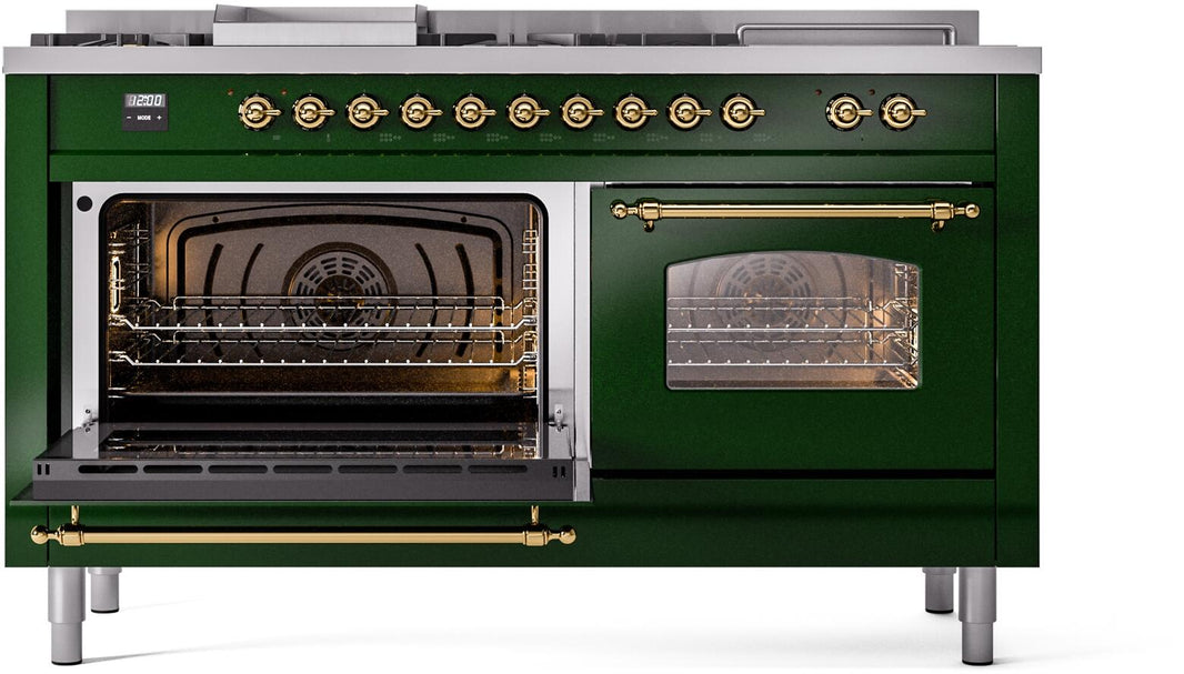 ILVE Nostalgie II 60-Inch Dual Fuel Freestanding Range in Emerald Green with Brass Trim (UP60FSNMPEGG)