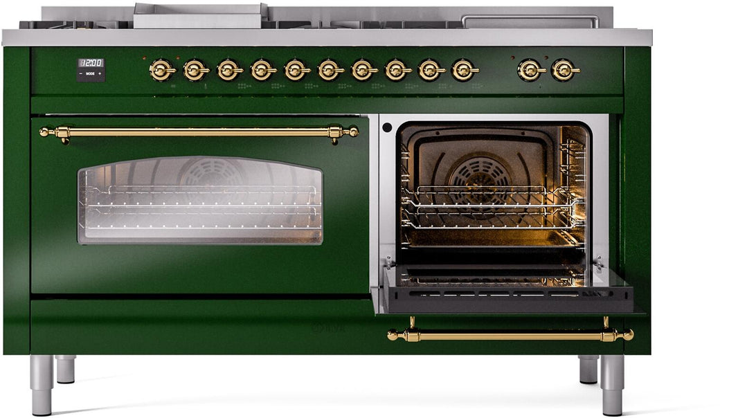 ILVE Nostalgie II 60-Inch Dual Fuel Freestanding Range in Emerald Green with Brass Trim (UP60FSNMPEGG)