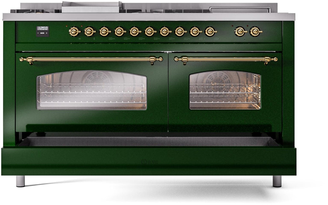 ILVE Nostalgie II 60-Inch Dual Fuel Freestanding Range in Emerald Green with Brass Trim (UP60FSNMPEGG)