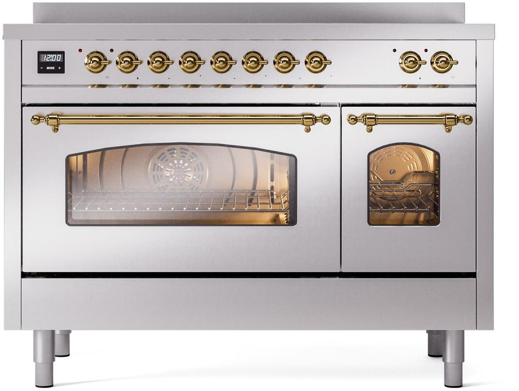 ILVE Nostalgie II 48-Inch Freestanding Electric Induction Range in Stainless Steel with Brass Trim (UPI486NMPSSG)