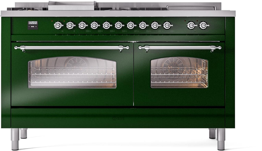 ILVE Nostalgie II 60-Inch Dual Fuel Freestanding Range in Emerald Green with Chrome Trim (UP60FSNMPEGC)