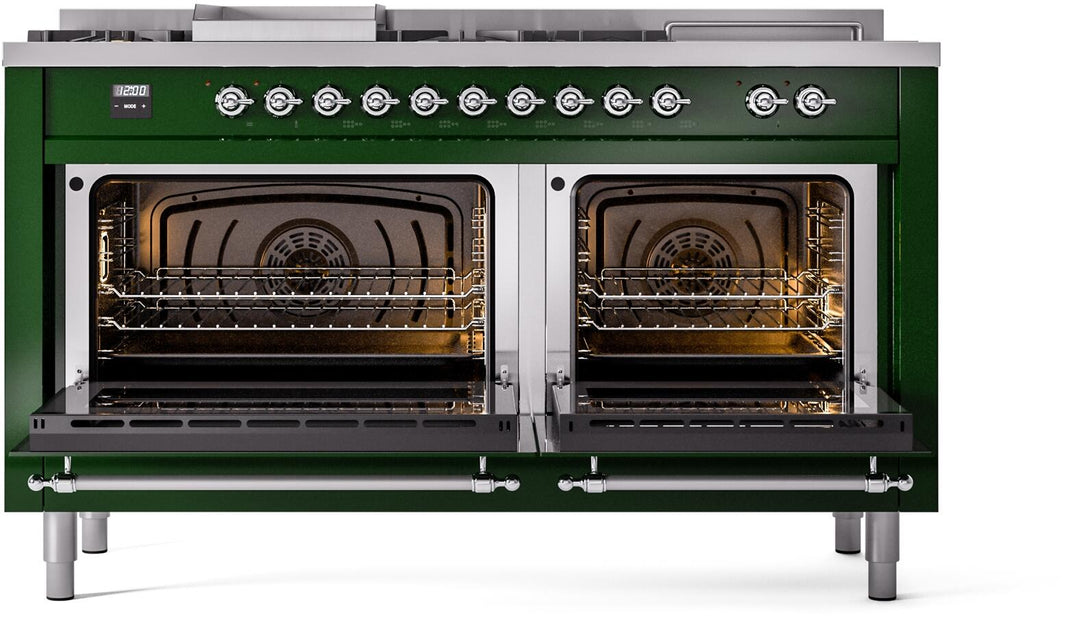 ILVE Nostalgie II 60-Inch Dual Fuel Freestanding Range in Emerald Green with Chrome Trim (UP60FSNMPEGC)