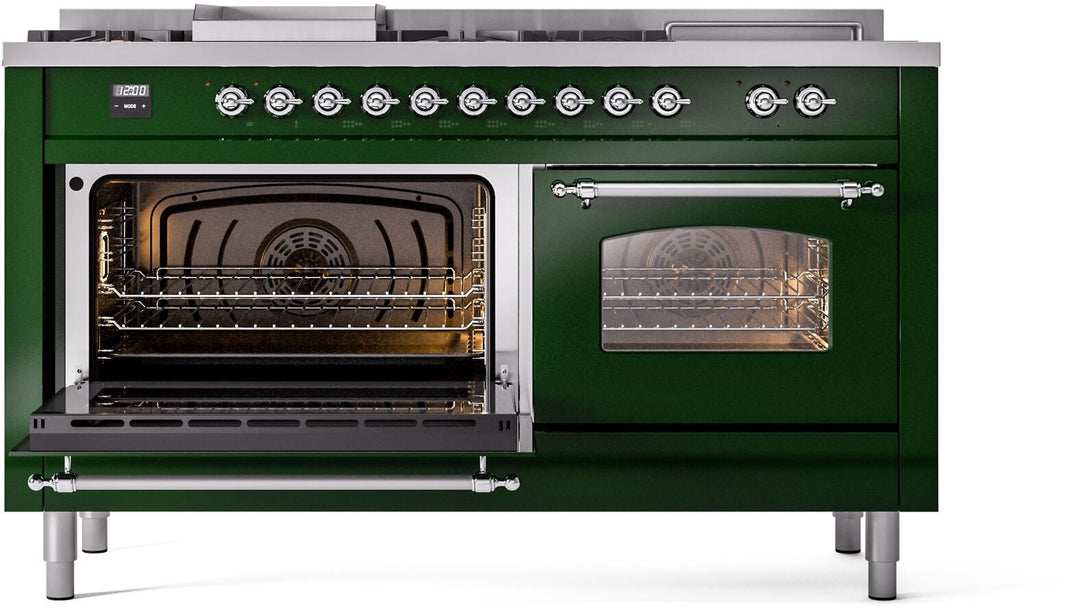 ILVE Nostalgie II 60-Inch Dual Fuel Freestanding Range in Emerald Green with Chrome Trim (UP60FSNMPEGC)