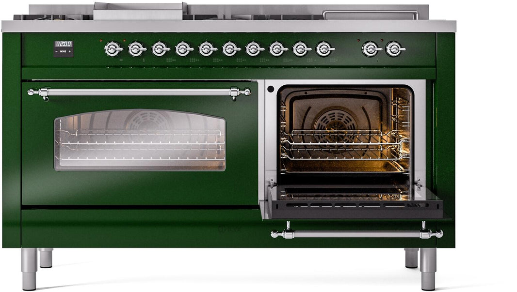 ILVE Nostalgie II 60-Inch Dual Fuel Freestanding Range in Emerald Green with Chrome Trim (UP60FSNMPEGC)