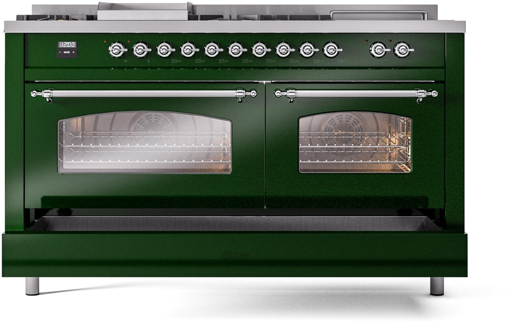 ILVE Nostalgie II 60-Inch Dual Fuel Freestanding Range in Emerald Green with Chrome Trim (UP60FSNMPEGC)