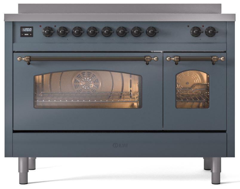 ILVE Nostalgie II 48-Inch Freestanding Electric Induction Range in Blue Grey with Bronze Trim (UPI486NMPBGB)