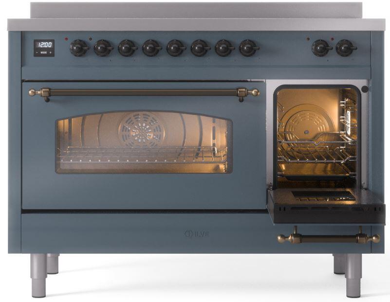 ILVE Nostalgie II 48-Inch Freestanding Electric Induction Range in Blue Grey with Bronze Trim (UPI486NMPBGB)