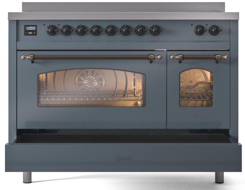 ILVE Nostalgie II 48-Inch Freestanding Electric Induction Range in Blue Grey with Bronze Trim (UPI486NMPBGB)