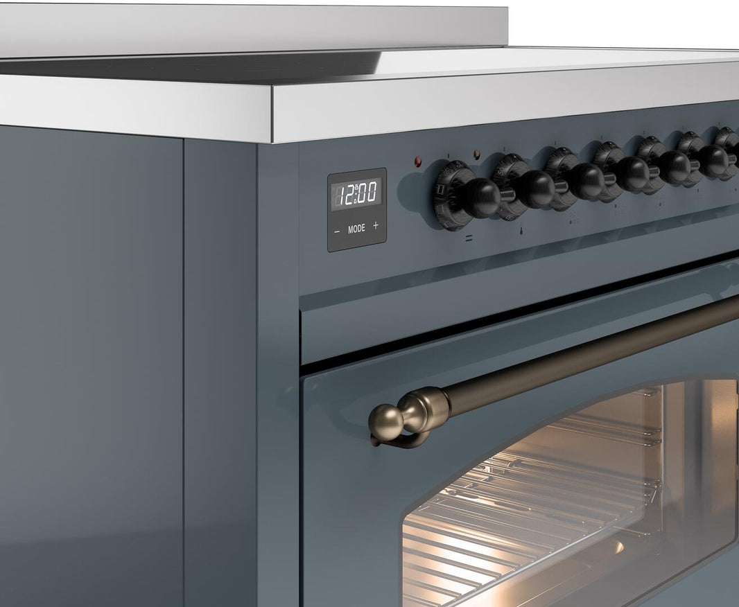 ILVE Nostalgie II 48-Inch Freestanding Electric Induction Range in Blue Grey with Bronze Trim (UPI486NMPBGB)