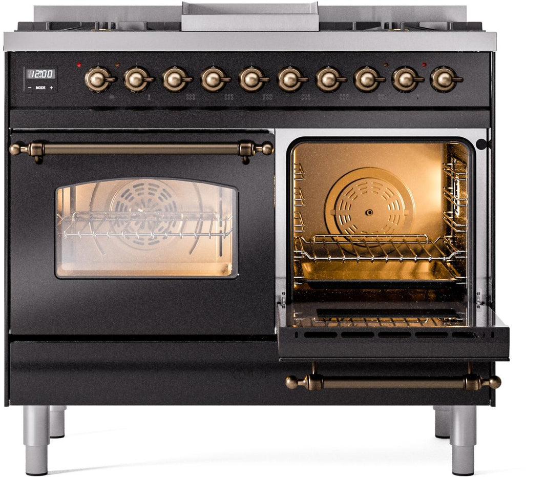 ILVE Nostalgie II 40-Inch Dual Fuel Freestanding Range in Glossy Black with Bronze Trim (UPD40FNMPBKB)