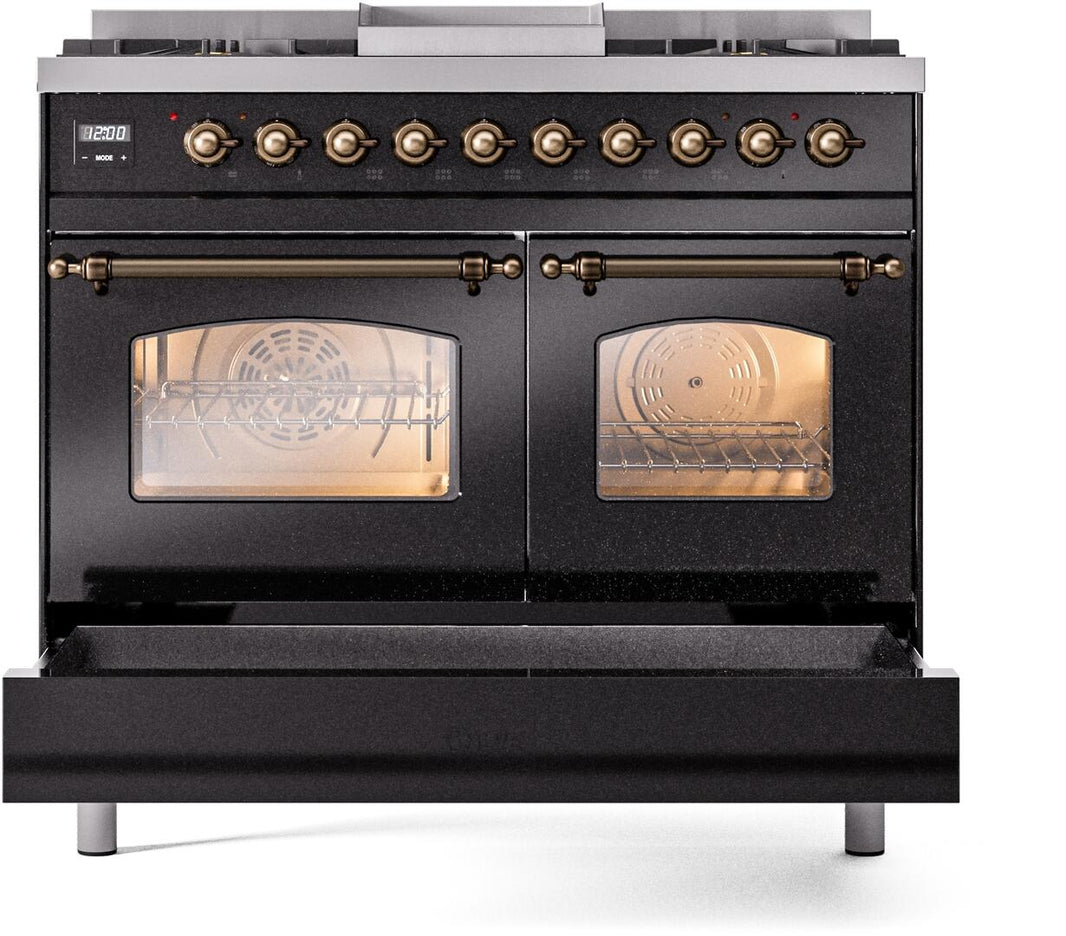 ILVE Nostalgie II 40-Inch Dual Fuel Freestanding Range in Glossy Black with Bronze Trim (UPD40FNMPBKB)