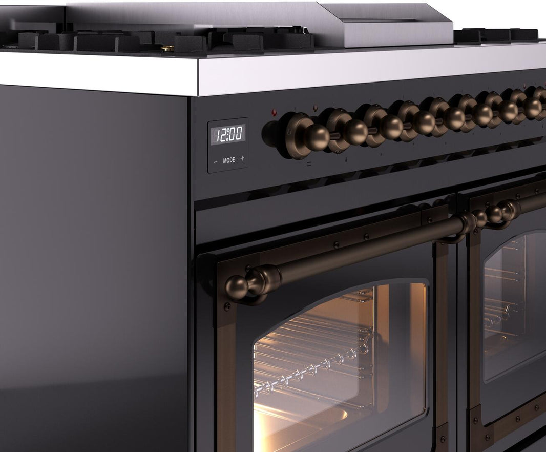 ILVE Nostalgie II 40-Inch Dual Fuel Freestanding Range in Glossy Black with Bronze Trim (UPD40FNMPBKB)