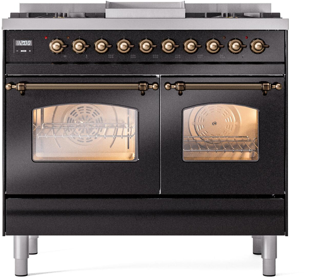 ILVE Nostalgie II 40-Inch Dual Fuel Freestanding Range in Glossy Black with Bronze Trim (UPD40FNMPBKB)