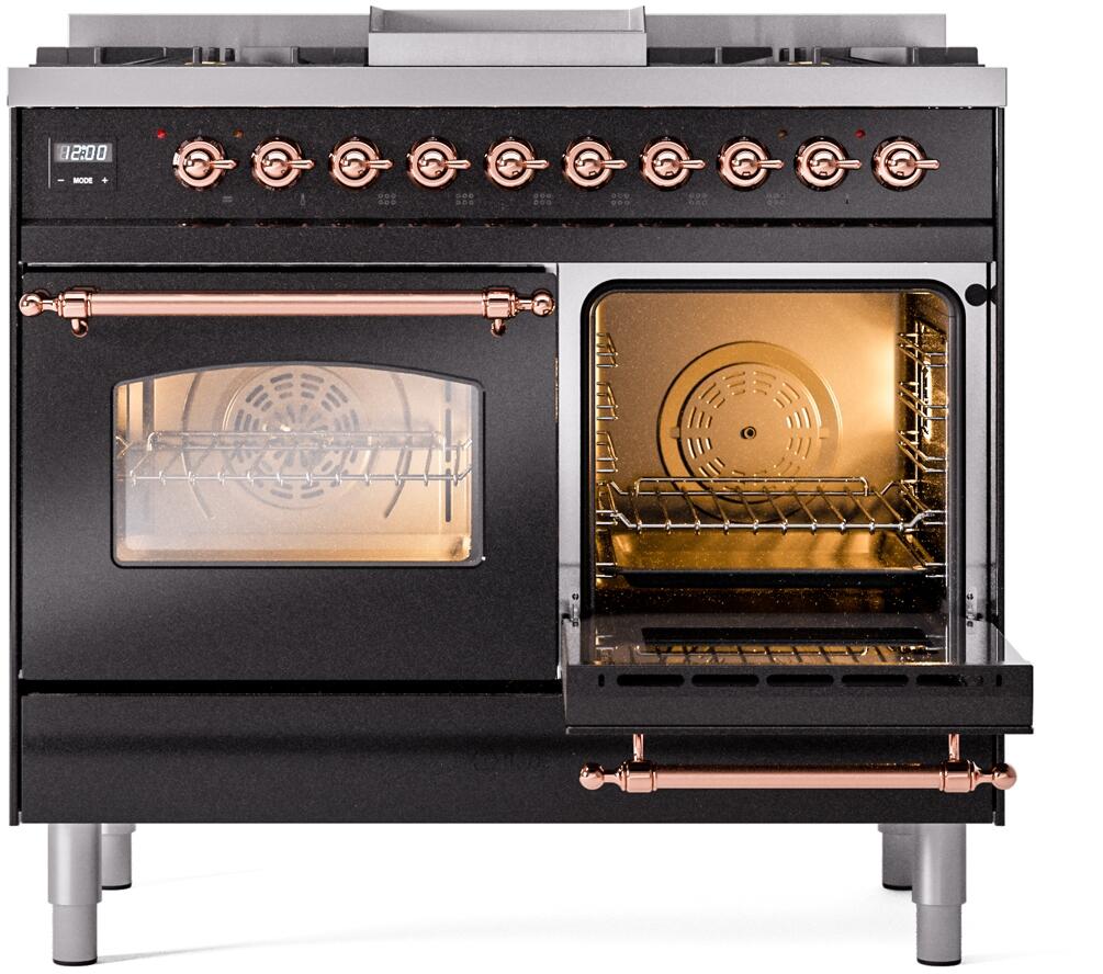 ILVE Nostalgie II 40-Inch Dual Fuel Freestanding Range in Glossy Black with Copper Trim (UPD40FNMPBKP)