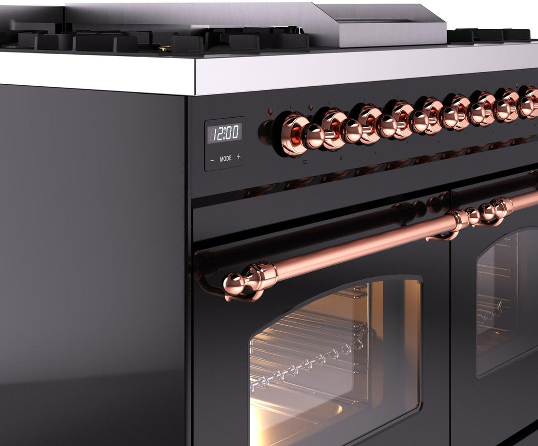 ILVE Nostalgie II 40-Inch Dual Fuel Freestanding Range in Glossy Black with Copper Trim (UPD40FNMPBKP)