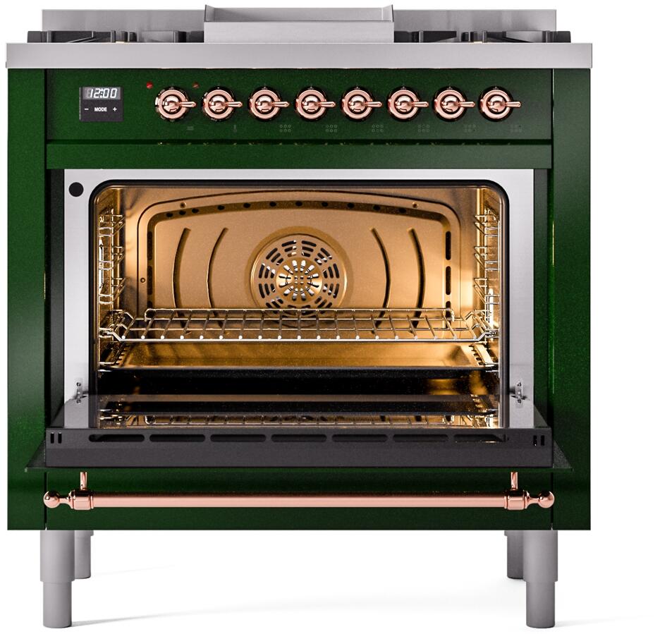 ILVE Nostalgie II 36-Inch Dual Fuel Freestanding Range in Emerald Green with Copper Trim (UP36FNMPEGP)