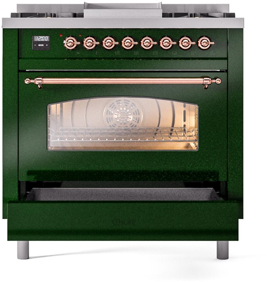 ILVE Nostalgie II 36-Inch Dual Fuel Freestanding Range in Emerald Green with Copper Trim (UP36FNMPEGP)