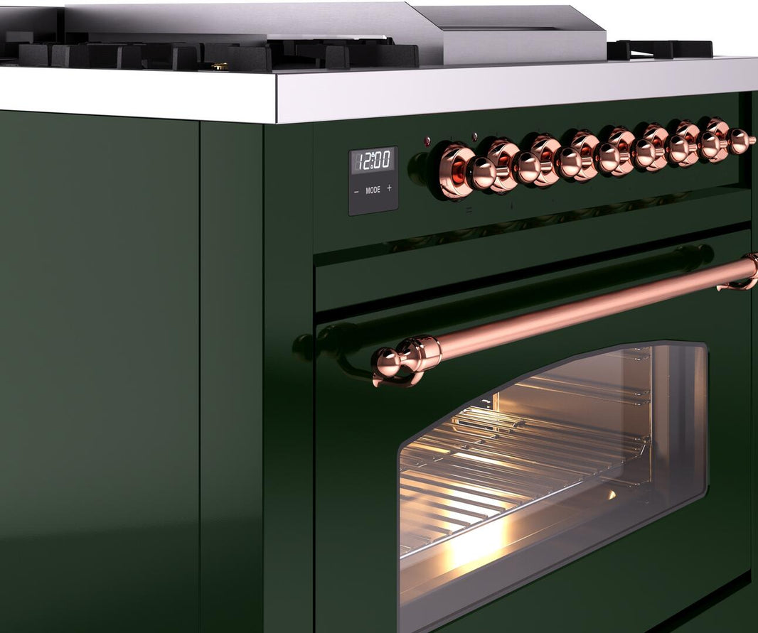 ILVE Nostalgie II 36-Inch Dual Fuel Freestanding Range in Emerald Green with Copper Trim (UP36FNMPEGP)