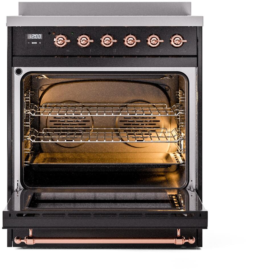 ILVE Nostalgie II 30-Inch Freestanding Electric Induction Range in Glossy Black with Copper Trim (UPI304NMPBKP)