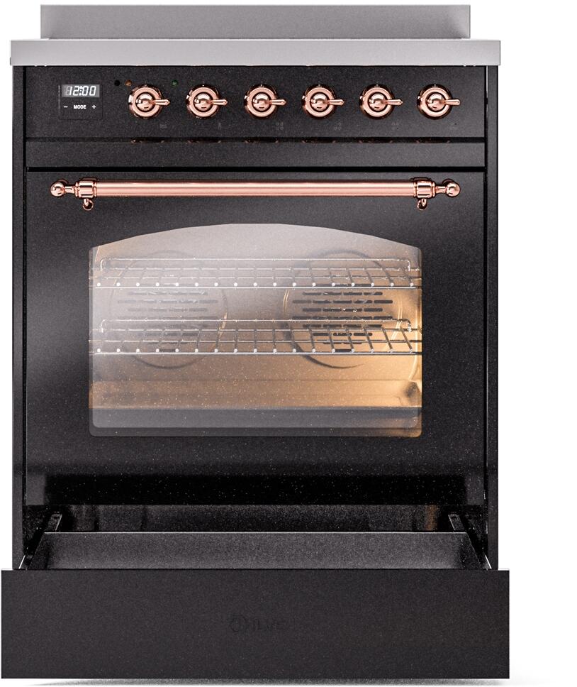 ILVE Nostalgie II 30-Inch Freestanding Electric Induction Range in Glossy Black with Copper Trim (UPI304NMPBKP)