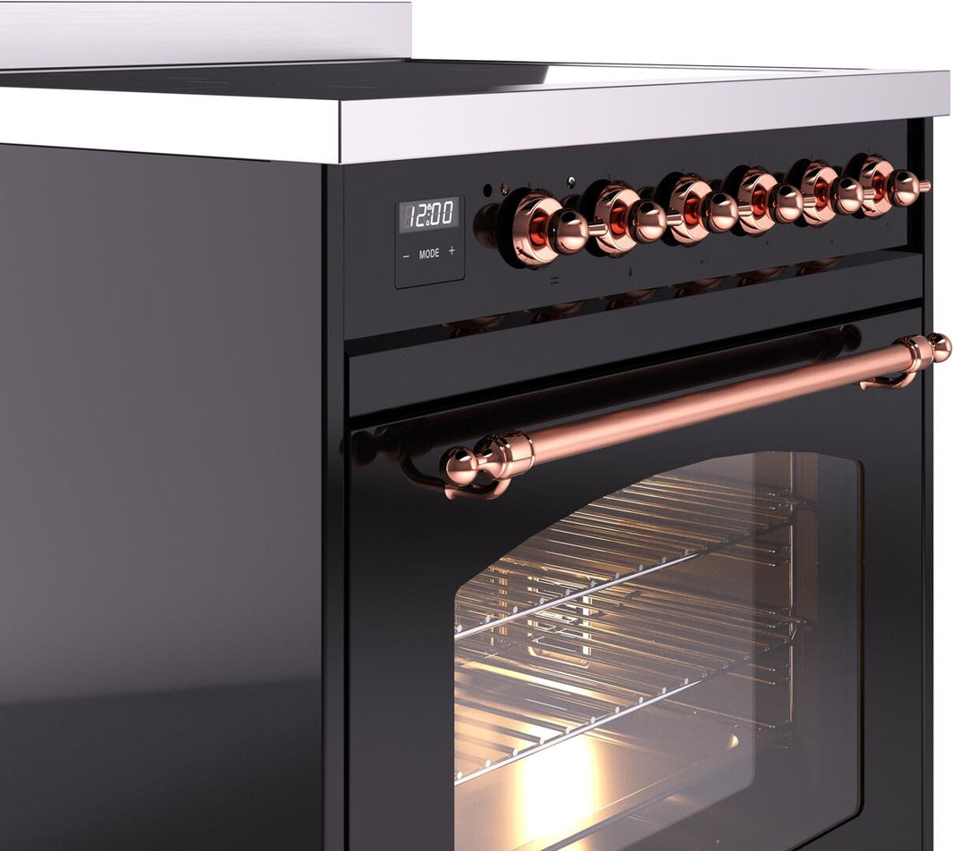 ILVE Nostalgie II 30-Inch Freestanding Electric Induction Range in Glossy Black with Copper Trim (UPI304NMPBKP)