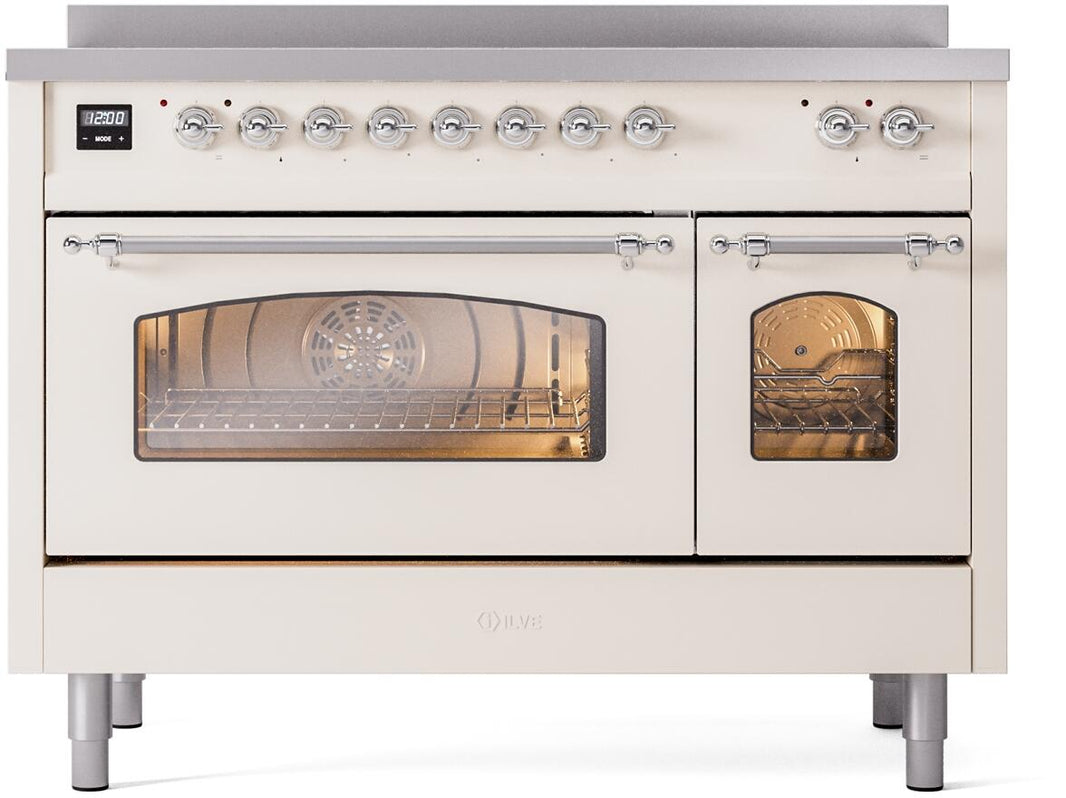 ILVE Nostalgie II 48-Inch Freestanding Electric Induction Range in Antique White with Chrome Trim (UPI486NMPAWC)