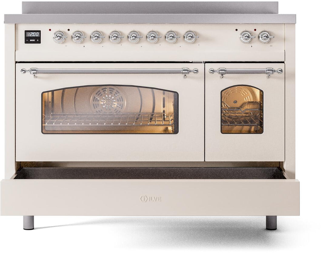 ILVE Nostalgie II 48-Inch Freestanding Electric Induction Range in Antique White with Chrome Trim (UPI486NMPAWC)