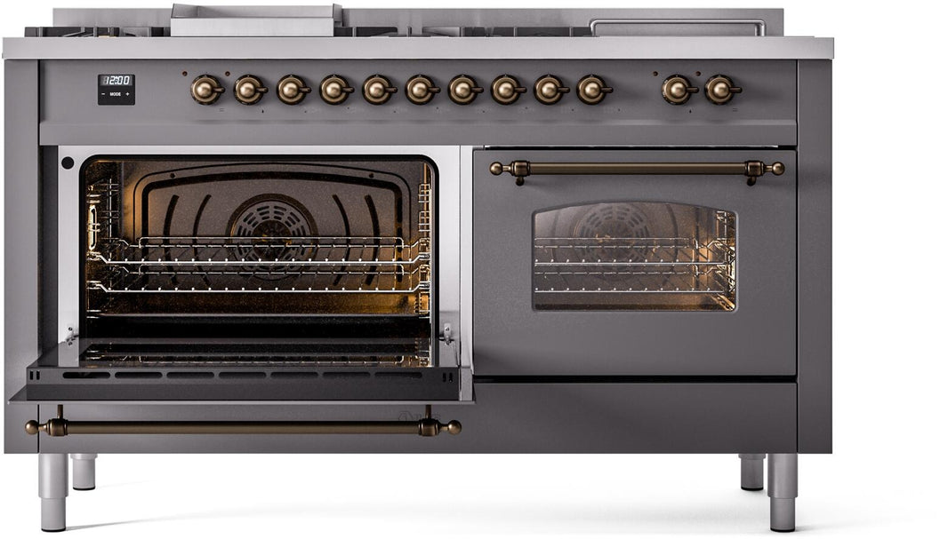 ILVE Nostalgie II 60-Inch Dual Fuel Freestanding Range in Matte Graphite with Bronze Trim (UP60FSNMPMGB)