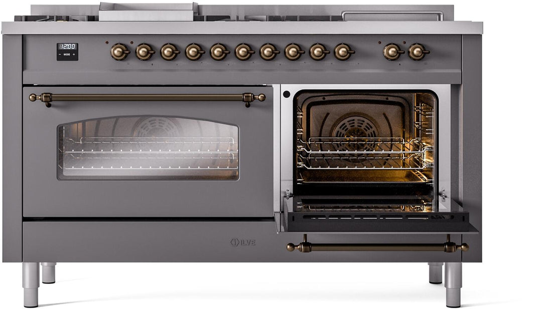 ILVE Nostalgie II 60-Inch Dual Fuel Freestanding Range in Matte Graphite with Bronze Trim (UP60FSNMPMGB)