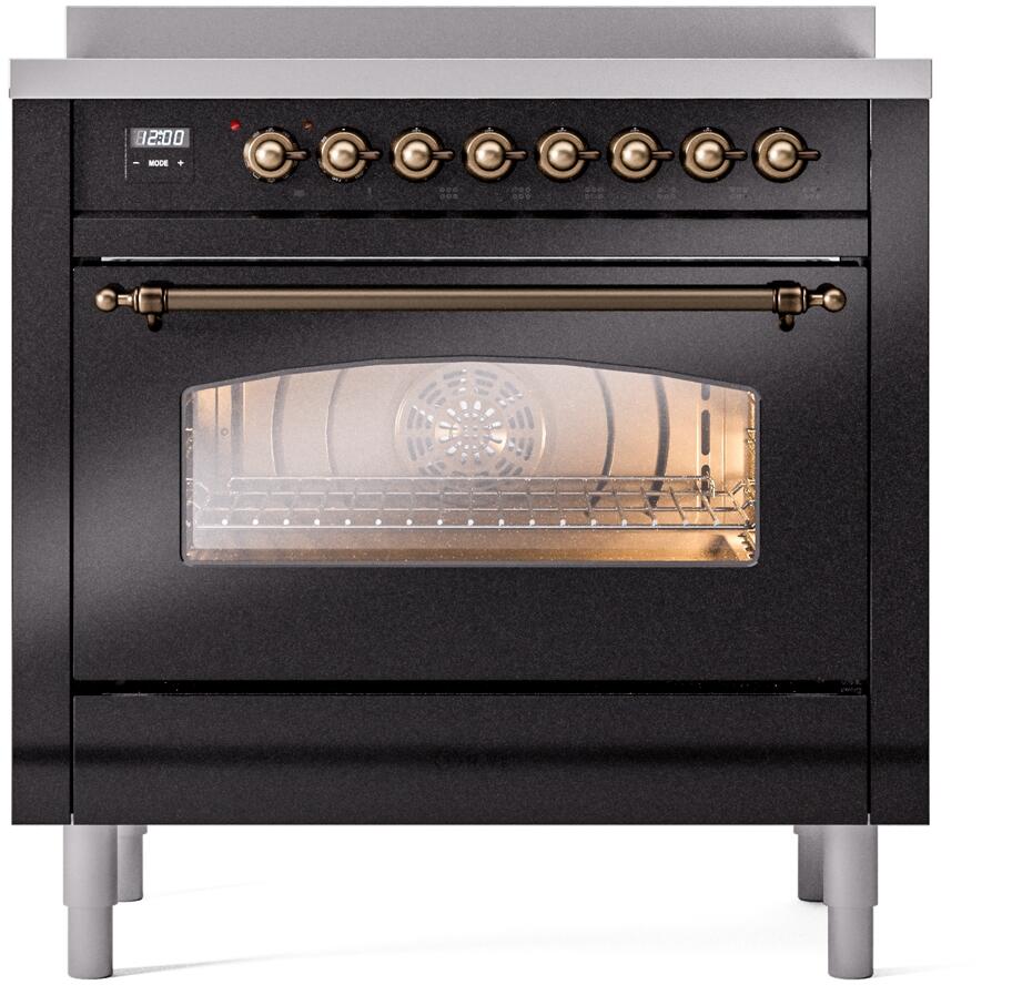 ILVE Nostalgie II 36-Inch Freestanding Electric Induction Range in Glossy Black with Bronze Trim (UPI366NMPBKB)