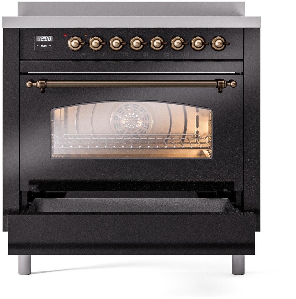 ILVE Nostalgie II 36-Inch Freestanding Electric Induction Range in Glossy Black with Bronze Trim (UPI366NMPBKB)