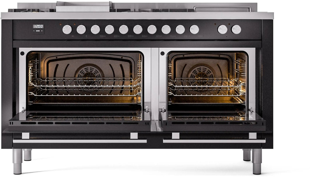 ILVE 60-Inch Professional Plus II Freestanding Dual Fuel Range with 7 Gas Burner in Glossy Black (UP60FSWMPBK)