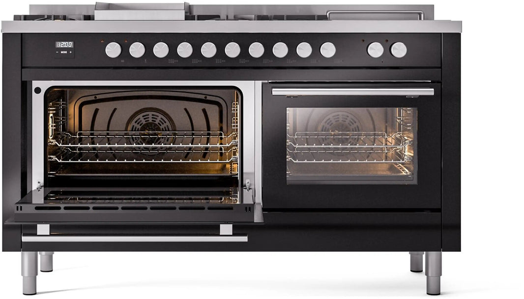 ILVE 60-Inch Professional Plus II Freestanding Dual Fuel Range with 7 Gas Burner in Glossy Black (UP60FSWMPBK)