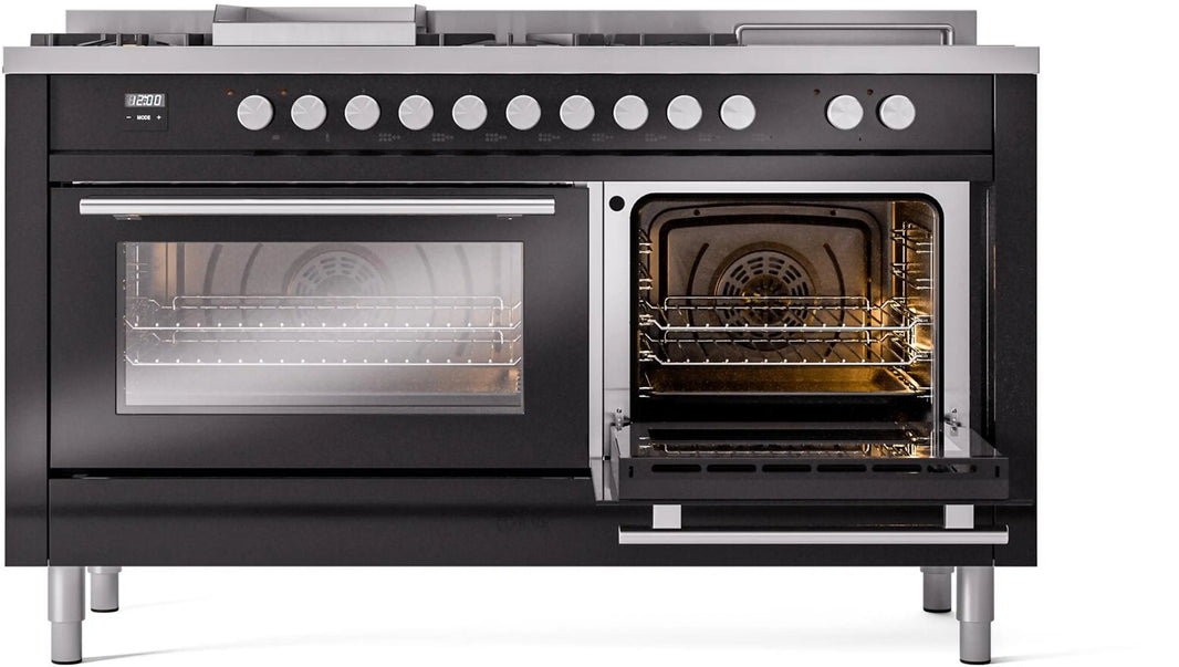 ILVE 60-Inch Professional Plus II Freestanding Dual Fuel Range with 7 Gas Burner in Glossy Black (UP60FSWMPBK)