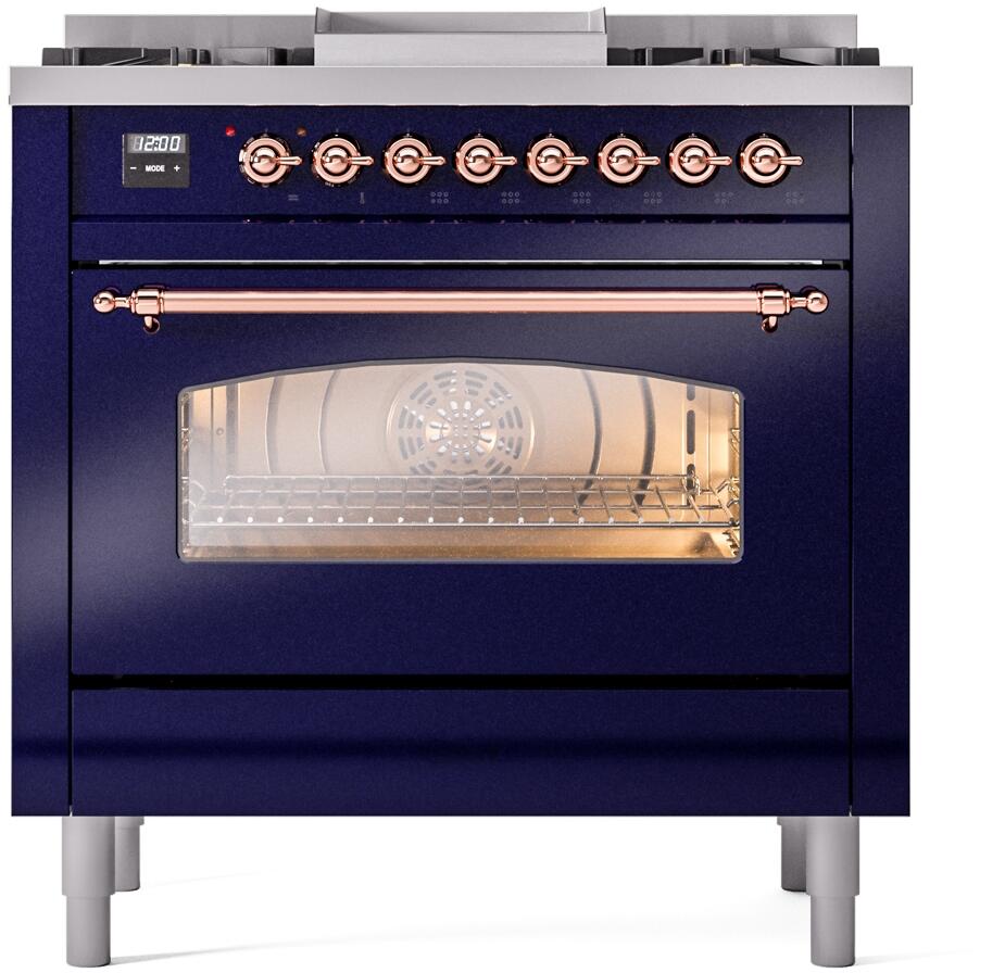 ILVE Nostalgie II 36-Inch Dual Fuel Freestanding Range in Midnight Blue with Copper Trim (UP36FNMPMBP)