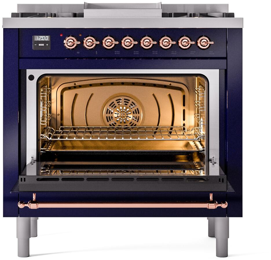 ILVE Nostalgie II 36-Inch Dual Fuel Freestanding Range in Midnight Blue with Copper Trim (UP36FNMPMBP)