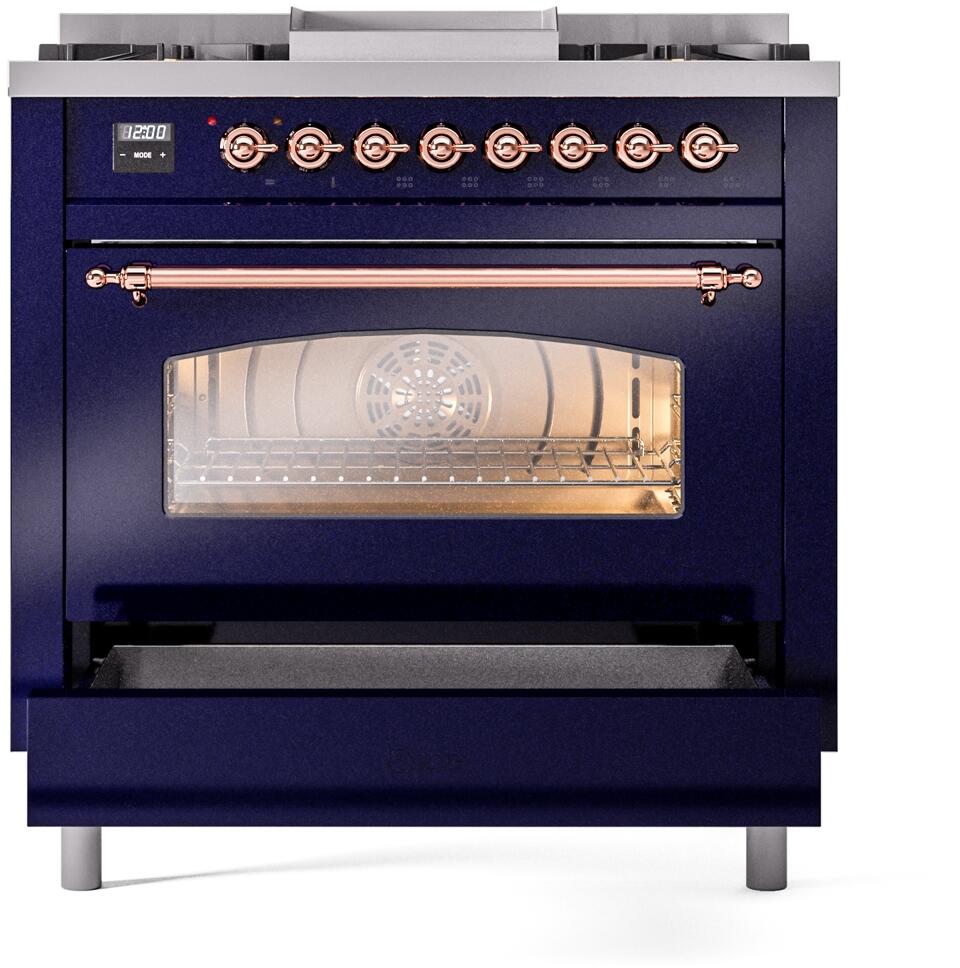 ILVE Nostalgie II 36-Inch Dual Fuel Freestanding Range in Midnight Blue with Copper Trim (UP36FNMPMBP)