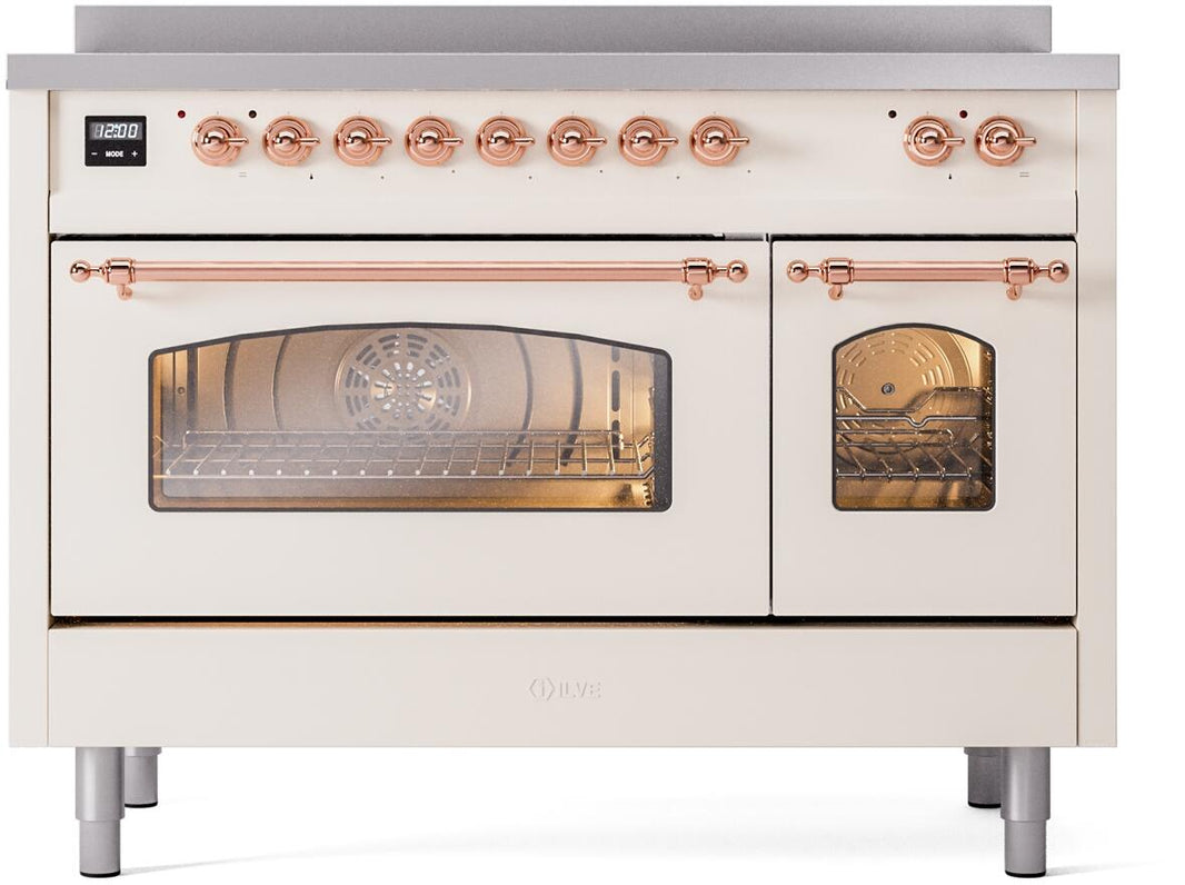 ILVE Nostalgie II 48-Inch Freestanding Electric Induction Range in Antique White with Copper Trim (UPI486NMPAWP)