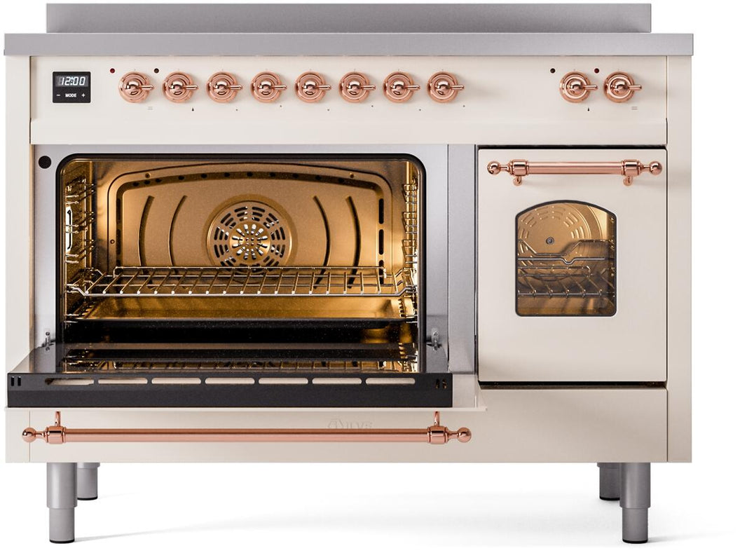 ILVE Nostalgie II 48-Inch Freestanding Electric Induction Range in Antique White with Copper Trim (UPI486NMPAWP)