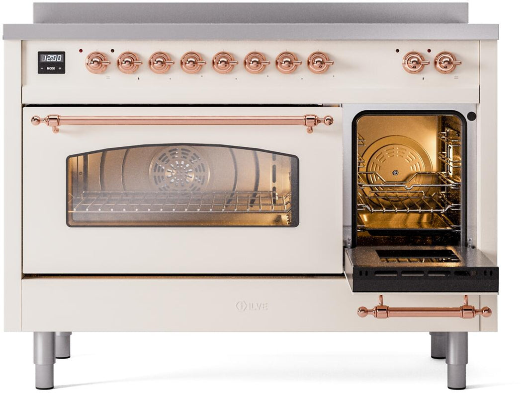 ILVE Nostalgie II 48-Inch Freestanding Electric Induction Range in Antique White with Copper Trim (UPI486NMPAWP)