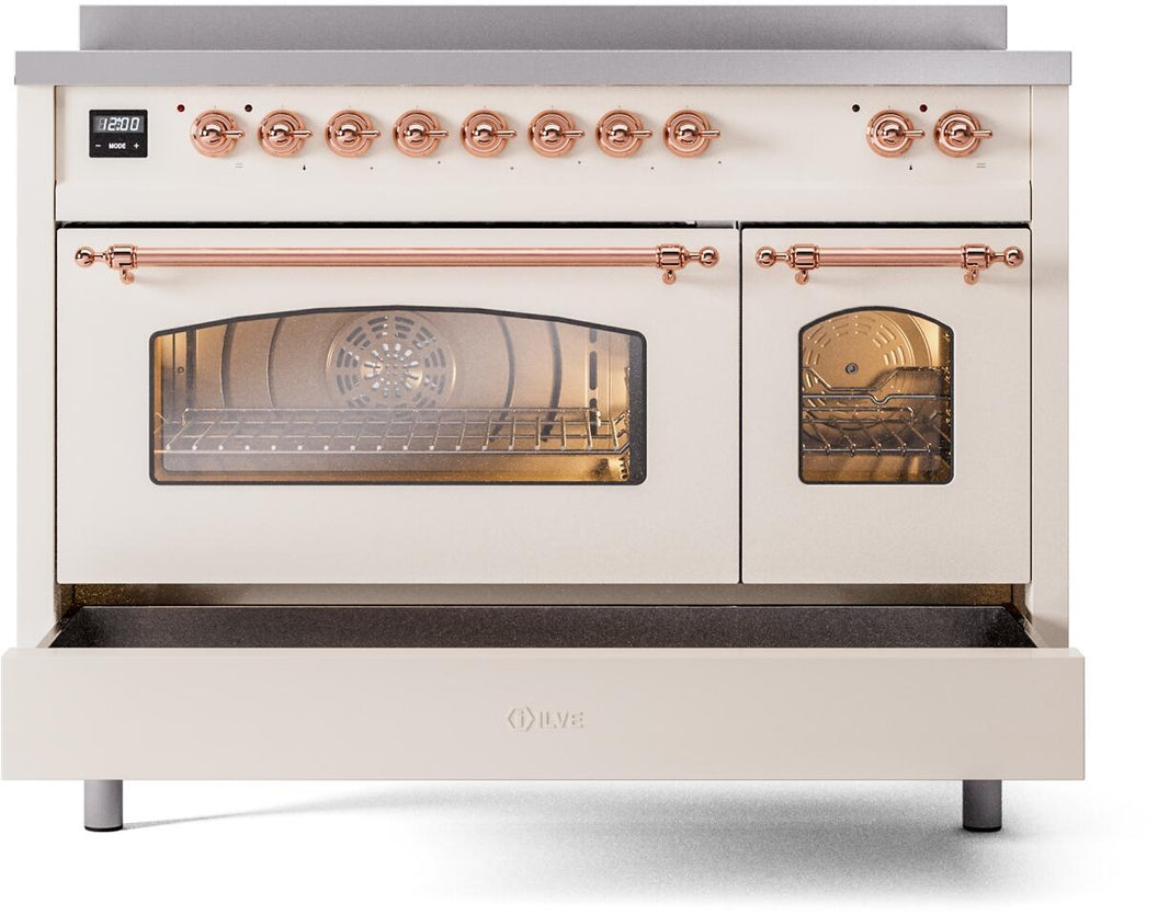 ILVE Nostalgie II 48-Inch Freestanding Electric Induction Range in Antique White with Copper Trim (UPI486NMPAWP)