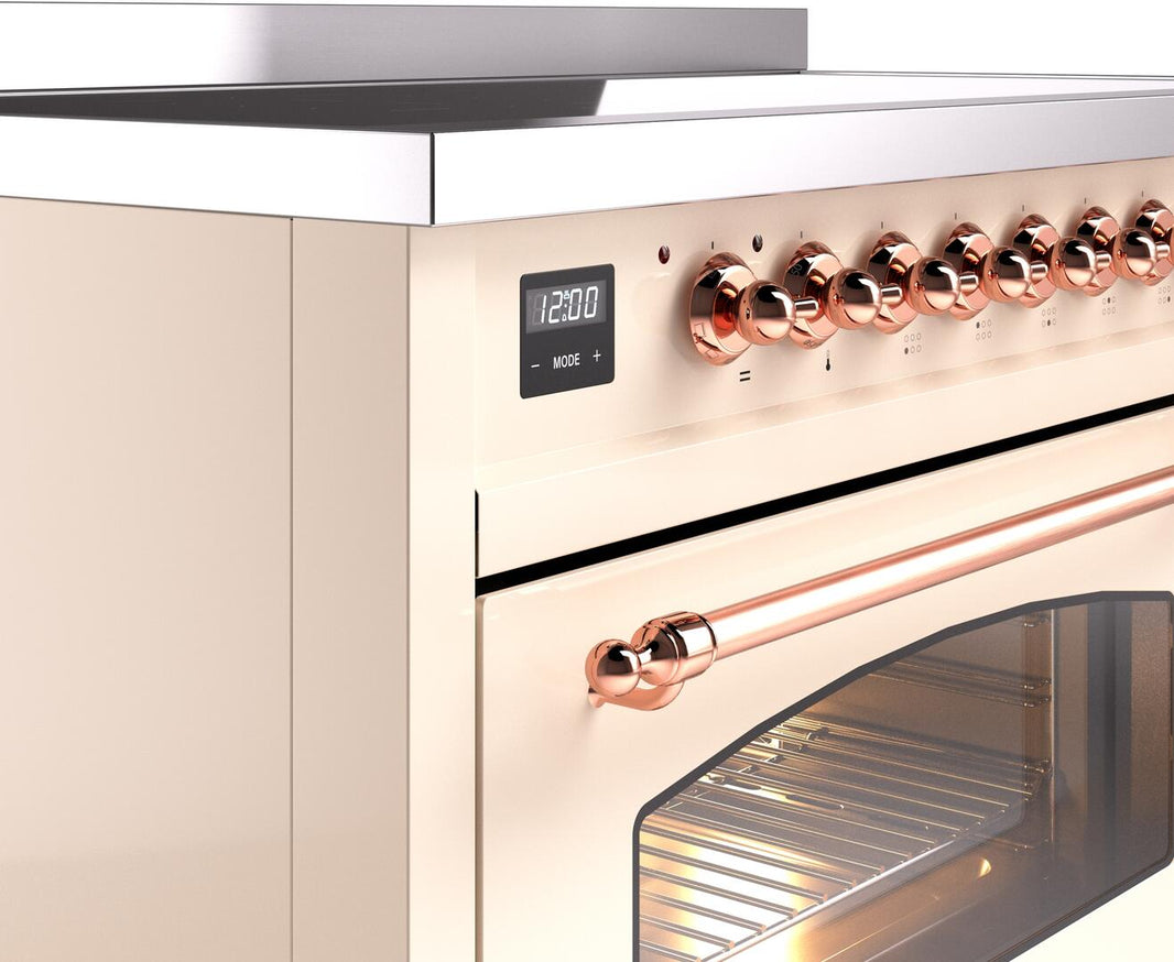 ILVE Nostalgie II 48-Inch Freestanding Electric Induction Range in Antique White with Copper Trim (UPI486NMPAWP)