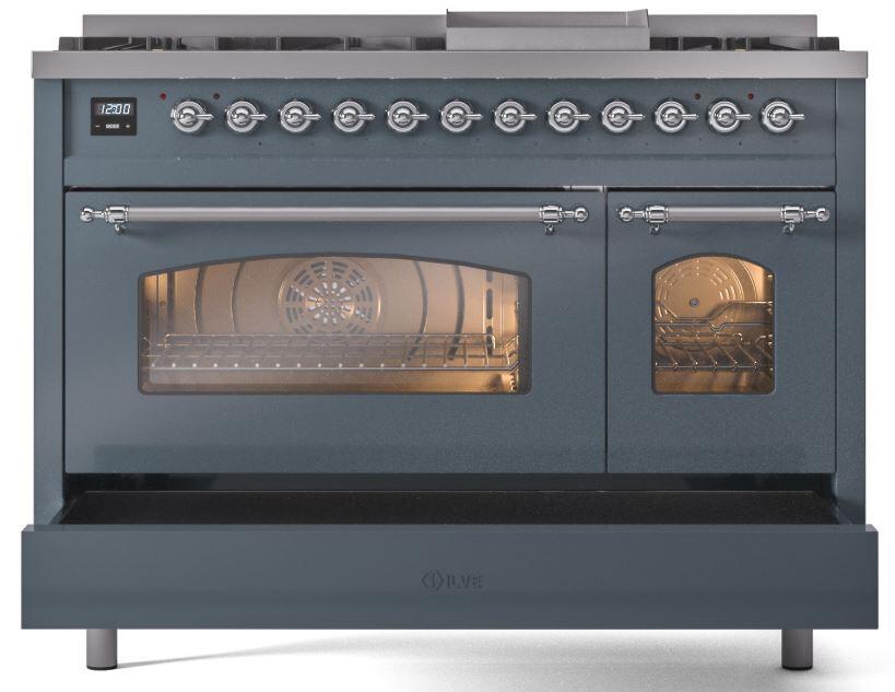 ILVE Nostalgie II 48-Inch Dual Fuel Freestanding Range in Blue Grey with Chrome Trim (UP48FNMPBGC)