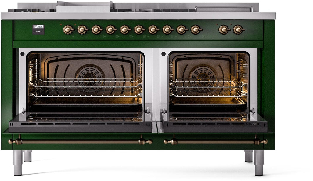 ILVE Nostalgie II 60-Inch Dual Fuel Freestanding Range in Emerald Green with Bronze Trim (UP60FSNMPEGB)