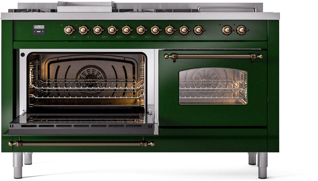 ILVE Nostalgie II 60-Inch Dual Fuel Freestanding Range in Emerald Green with Bronze Trim (UP60FSNMPEGB)