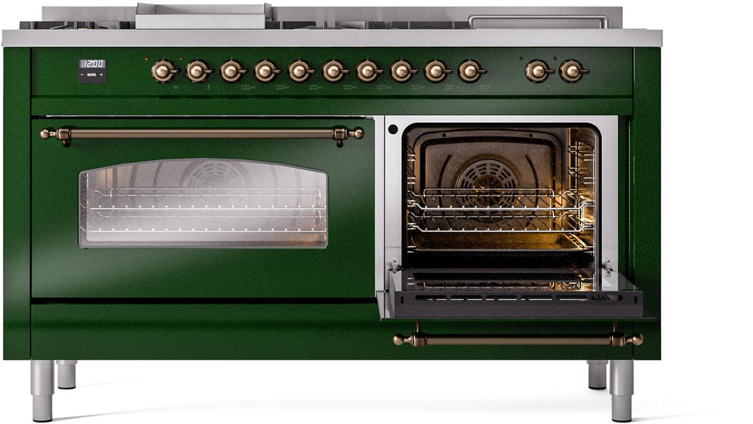 ILVE Nostalgie II 60-Inch Dual Fuel Freestanding Range in Emerald Green with Bronze Trim (UP60FSNMPEGB)