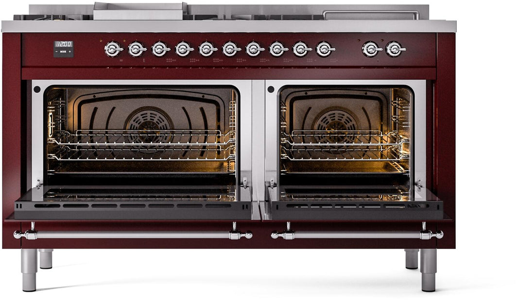 ILVE Nostalgie II 60-Inch Dual Fuel Freestanding Range in Burgundy with Chrome Trim (UP60FSNMPBUC)