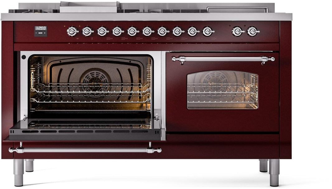 ILVE Nostalgie II 60-Inch Dual Fuel Freestanding Range in Burgundy with Chrome Trim (UP60FSNMPBUC)