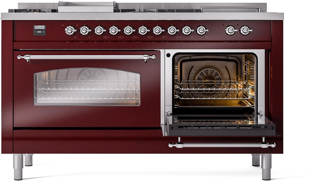 ILVE Nostalgie II 60-Inch Dual Fuel Freestanding Range in Burgundy with Chrome Trim (UP60FSNMPBUC)