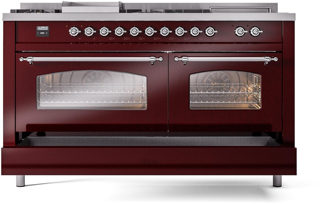 ILVE Nostalgie II 60-Inch Dual Fuel Freestanding Range in Burgundy with Chrome Trim (UP60FSNMPBUC)